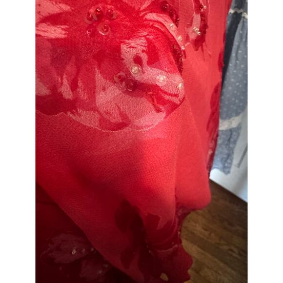 Paradise NY Pink Red Floral Beaded Midi Dress Bias Cut Y2K Romantic Boho (XL) - Picture 8 of 9